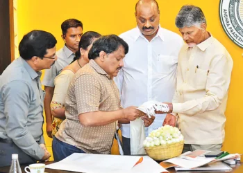 మీక్ష సందర్భంగా మంత్రి అచ్చెన్నాయుడుతో కలిసి రైతు అందజేసిన పట్టు వస్త్రాన్ని పరిశీలిస్తున్న సీఎం చంద్రబాబు. చిత్రంలో పట్టుగూళ్లతో చేసి బొకే