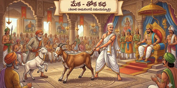 మేక - తోక కథ (తెనాలి రామలింగడి సమయస్ఫూర్తి) ఒకసారి శ్రీకృష్ణదేవరాయల ఆస్థానానికి ఒక పండితుడు వచ్చి, తన దగ్గర ఒక వింత మేక ఉందని, దానిని ఎవరూ ఓడించలేరని సవాలు విసిరాడు. రామలింగడు ముందుకు వచ్చి, "నేను మీ మేకను ఓడిస్తాను" అని చెప్పాడు. మరుసటి రోజు రామలింగడు ఒక మేకను తీసుకొచ్చి, దాని తోకను గట్టిగా పట్టుకున్నాడు. పండితుడి మేక ఎంత ప్రయత్నించినా, రామలింగడి మేక కదలలేదు. రామలింగడు తన మేక తోకను వదిలేసరికి అది ఒక్కసారిగా పరుగెత్తింది. పండితుడు ఆశ్చర్యపోయాడు. అప్పుడు రామలింగడు, "పండితులారా! విద్య అనేది తోక లాంటిది, పట్టు ఉండాలి కానీ అతిగా లాగకూడదు" అని చమత్కరించాడు. రాయలవారు రామలింగడి తెలివికి ముగ్ధులయ్యారు.